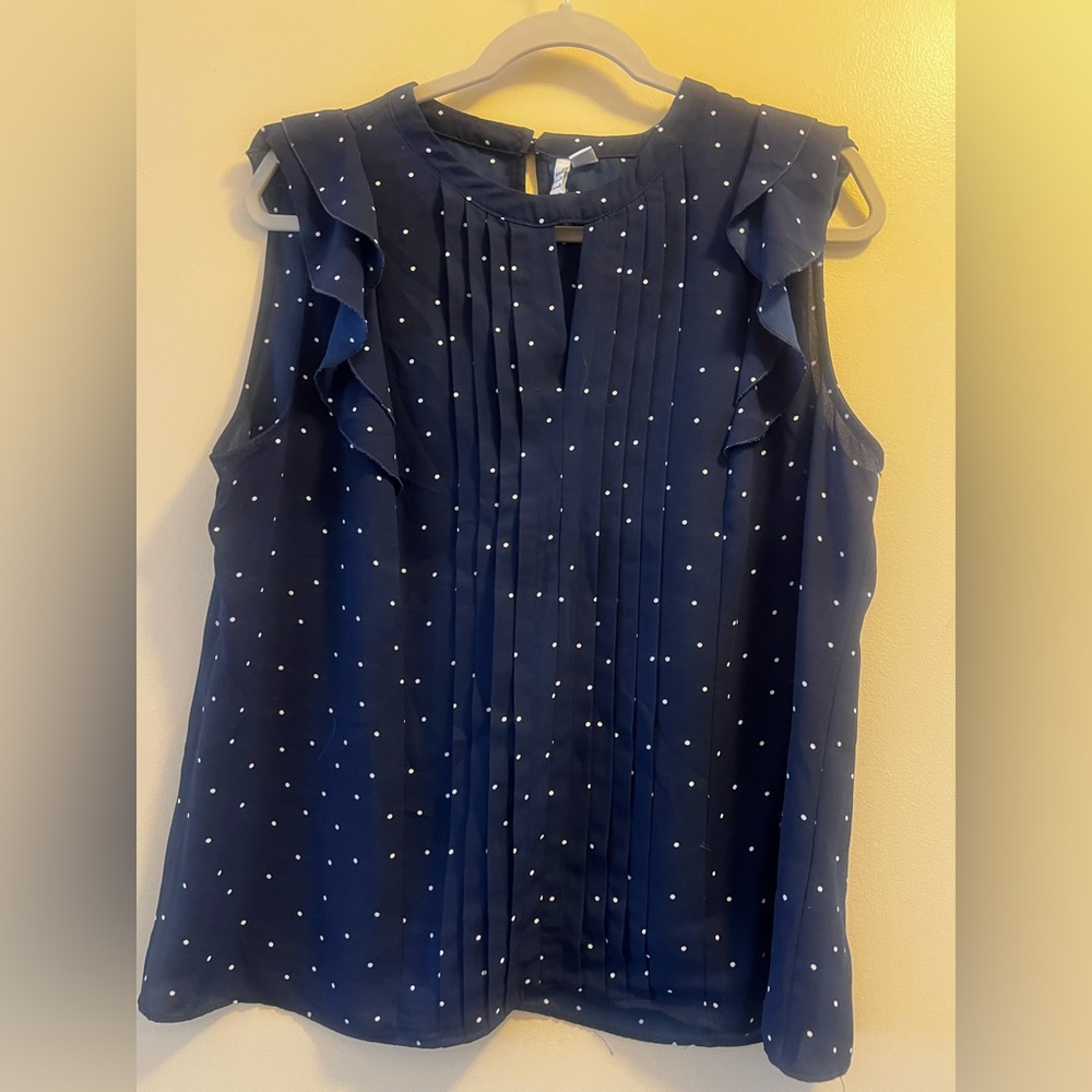 Elle Navy Blue Ruffle Blouse with White Dots